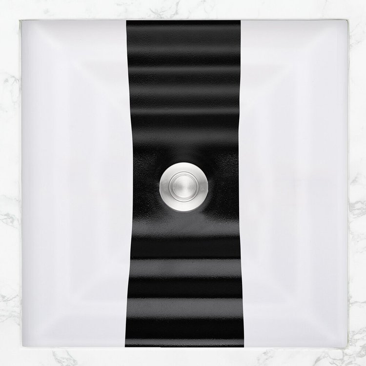 Linkasink Bathroom Sinks - Artisan Glass - AG12E - Ribbon Square - White Glass With Black Ribbon - Undermount - OD: 16.5” x 16.5” x 4” - ID: 14” x 14” - Drain: 1.5"